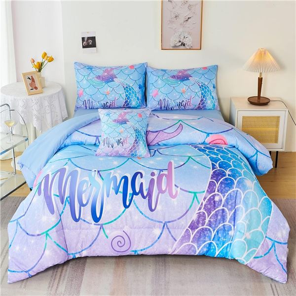 6PC Mermaid Design Comforter Bedding Set for Girls - Twin Size - Brand New!