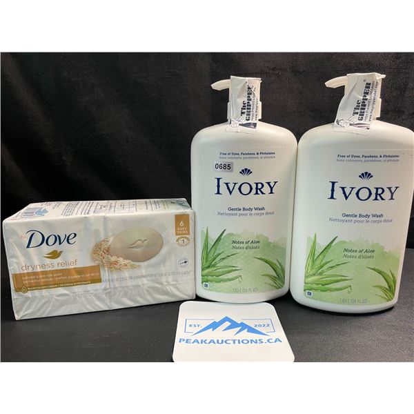 2 Bottles of IVORY Gentle Body Wash (1.03L Each) & 1 Pack of Dove Dryness Relief Bar Soap (6 Bars)