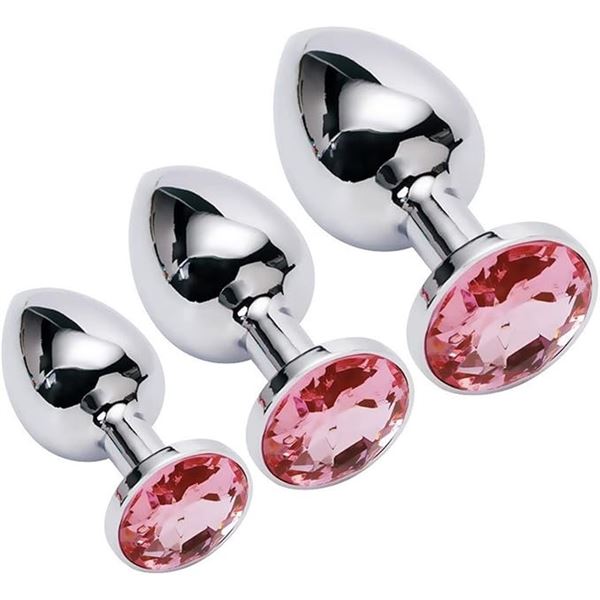 2 Sets of Stainless Steel Butt Plugs/Sex Toys - 3PCS/Sizes Per Pack; Pink Rhinestone Design - New