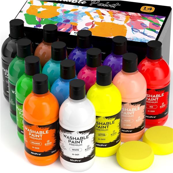 NicPro 14 Colour Large Washable Paints - 500ml Each - New (Damaged Box)