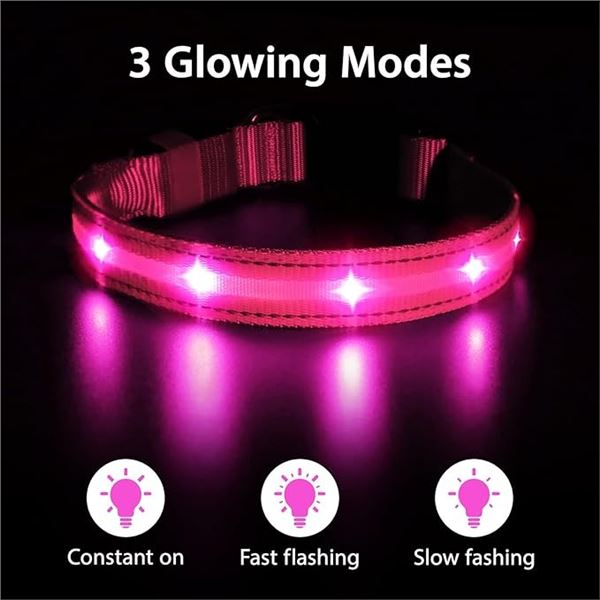 2 Masbrill LED Light-Up Dog Collars/Safety Collars - Size Small - Pink - Brand New