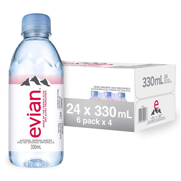 1 Case of Evian Natural Spring Water - 4x 6-Packs - 24 Bottles (330ml Each) - New Sealed