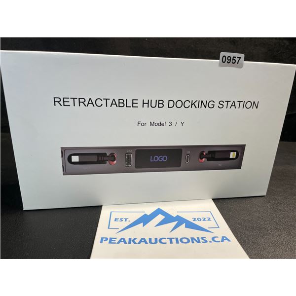 1 Retractable Hub Docking Station for Tesla Model 3 & Y Center Console w/ Built-In Charge Cords; New