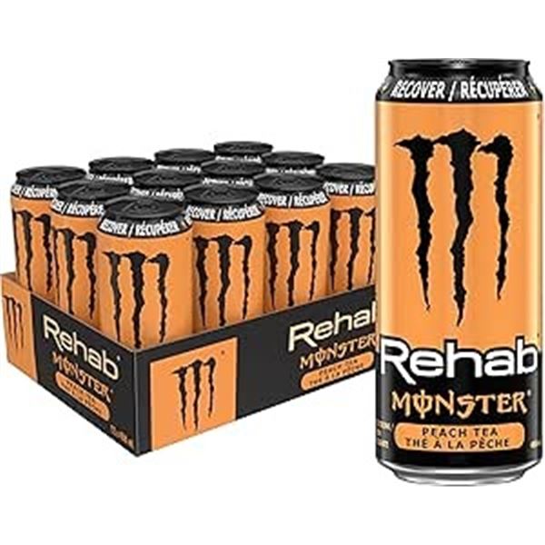1 Case of Monster Energy Rehab Drinks - Peach Tea - Pack of 12 x 458ml Cans (BB: DEC 29/25)