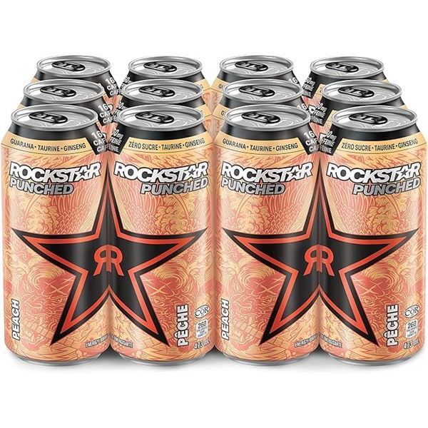 1 Case of Rockstar Energy Drinks - Punched Peach - 12 Cans x 473ml Each (BB: JN 23/25)