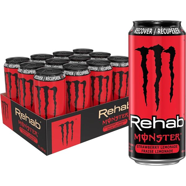 1 Case of Monster Energy Rehab Strawberry Lemonade Energy Drinks - 12 Cans x 473ml (BB: JA/03/26)