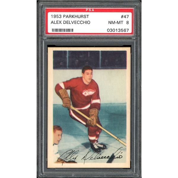 1953-54 Parkhurst #47 Alex Delvecchio (PSA 8)