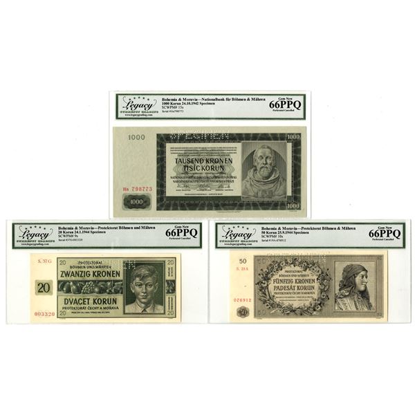 Bohemia & Moravia. Protectorate of Bohemia & Moravia, 1942 to 1944, Specimen Banknote Trio.