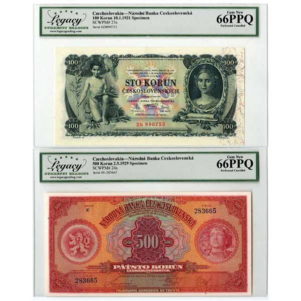 Czechoslovakia. Narodni Banka Ceskoslovenska, 1929 and 1931, Specimen Banknote Pair.