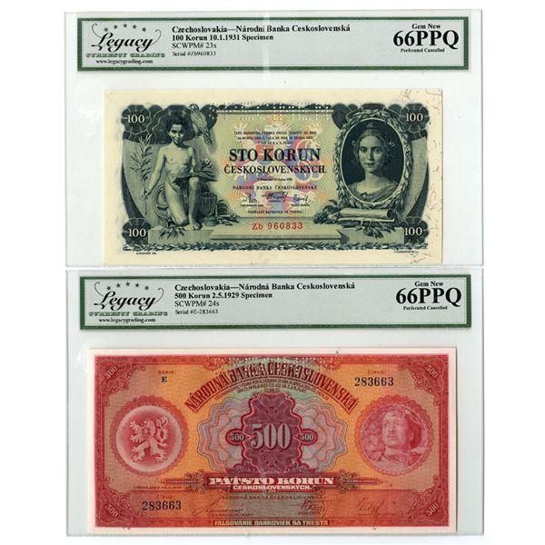 Czechoslovakia. Narodni Banka Ceskoslovenska, 1929 and 1931, Specimen Banknote Pair.