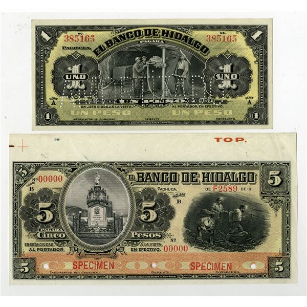 Mexico. Banco de Hidalgo,  Specimen & Remainder Banknotes Pair, ca.1900-1913.