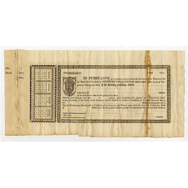 U.S. Federal Bond, "Act of Congress of February 8, 1813" Remainder Bond form.