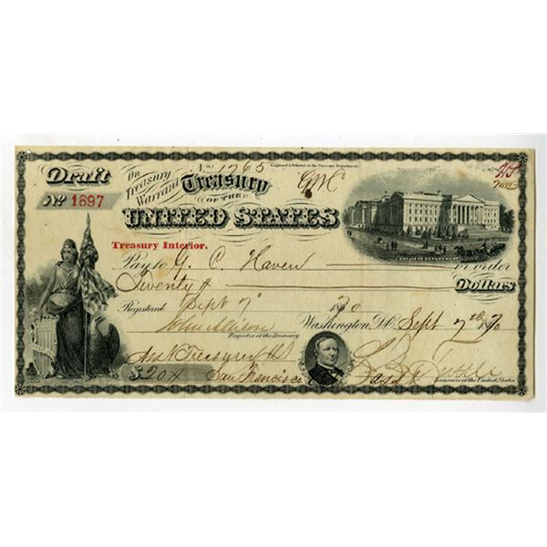 U.S., Treasury of the United States, Treasury Interior Warrant, 1870 Issued Warrant - Draft.