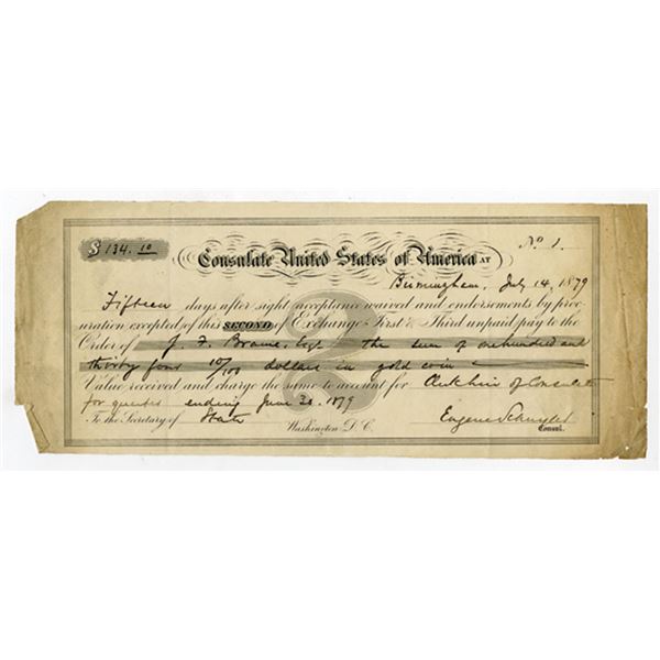 England & U.S., Consulate United States of America at Birmingham, England, 1879 I/U 2nd of Exchange