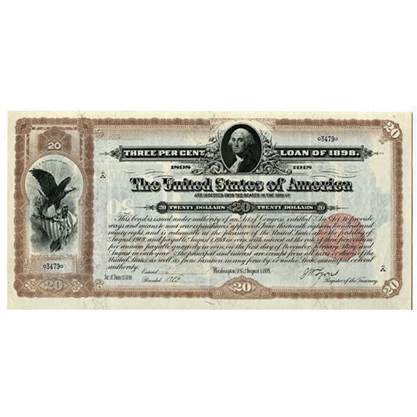 U.S., Spanish-American 1898-1918 Three Per Cent Loan of 1898, :Act of June 13, 1898, Issued $20 Bond