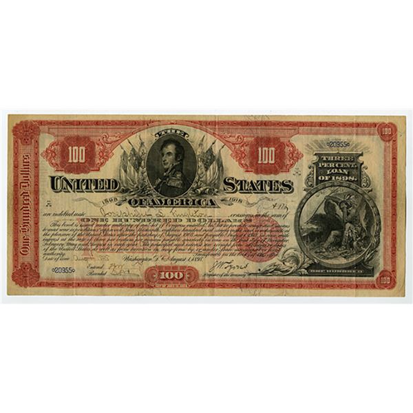 U.S., Spanish-American 1898-1918 Three Per Cent Loan of 1898, Issued 1898 $100 Bond.