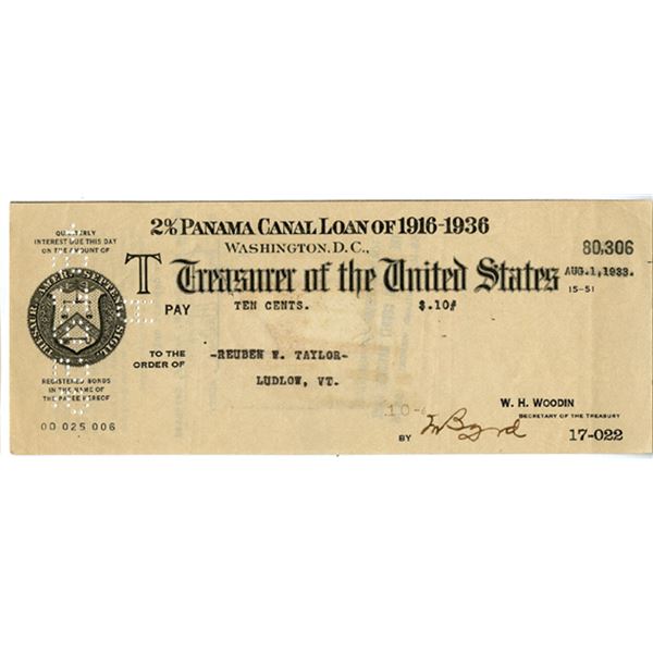 U.S., Treasurer of the United States, 1933, 2% Panama Canal Loan of 1916-1936 Interest Payment