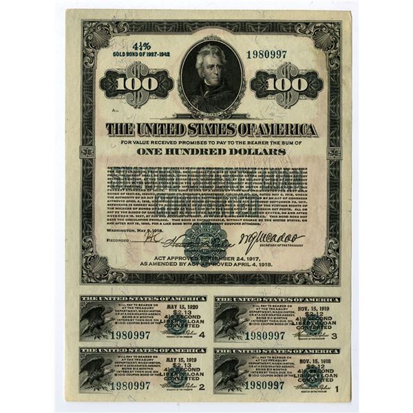 U.S. Second Liberty Loan Converted 4 1/4% Gold Bond of 1927-1942, issued 1918 $100 Bond