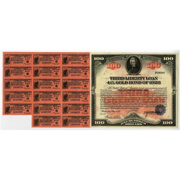 U.S. Third Liberty Loan 4 1/4% Gold Bond of 1928, Issued 1918 $100 Bond