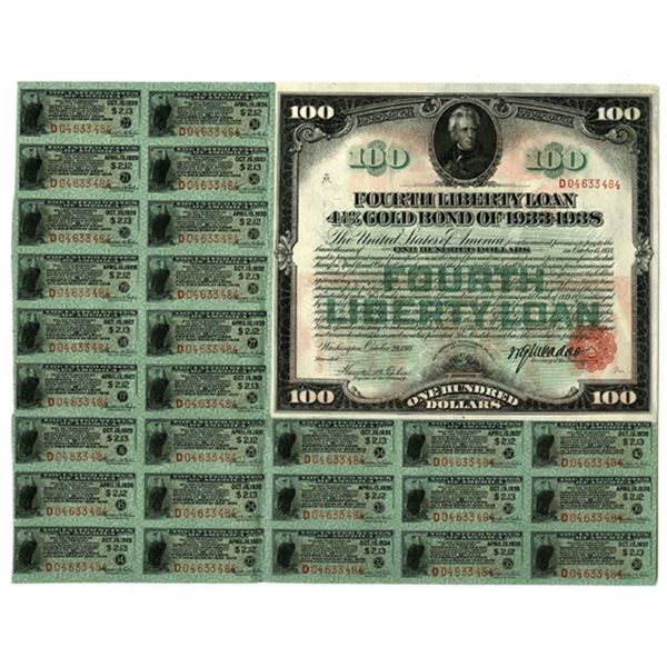 U.S. Fourth Liberty Loan 4 1/4% Gold Bond of 1933-1938, Issued 1918 $100 Bond