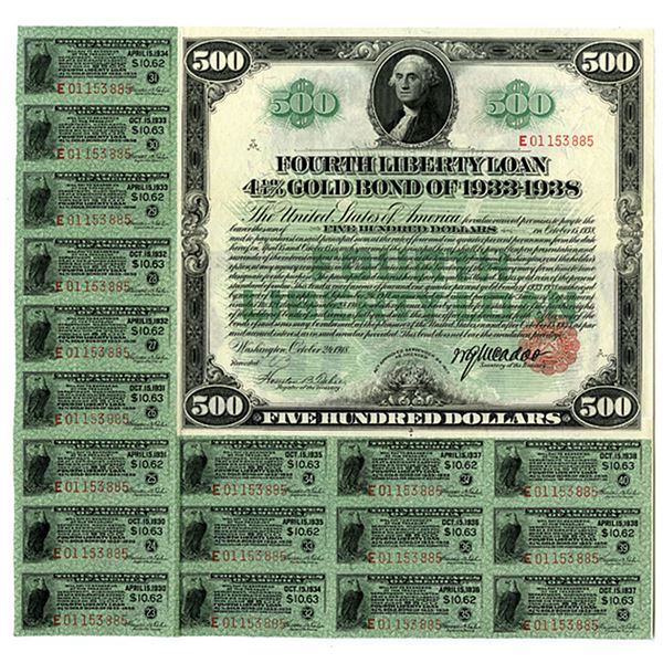 U.S. Fourth Liberty Loan 4 1/4% Gold Bond of 1933-1938, Issued 1918, $500 Coupon Bond