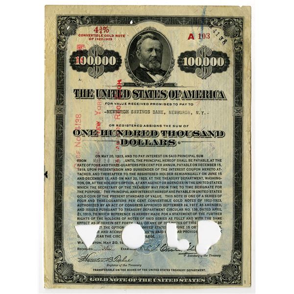 U.S. Victory Liberty Loan 4 3/4% Convertible Gold Note of 1922-1923, Issued 1919 Gold Coupon Bond.