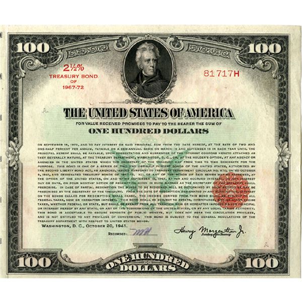 U.S. 2 1/2% Treasury Bond of 1962-72, Issued 1941 Coupon Bond.
