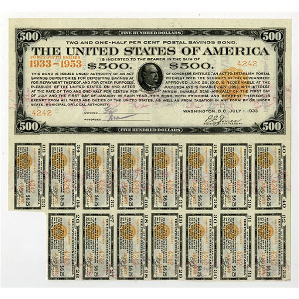 U.S., United States of America, 2 1/2% Postal Savings Coupon Bond, 1933-1953 , $500 Issued  Bond.