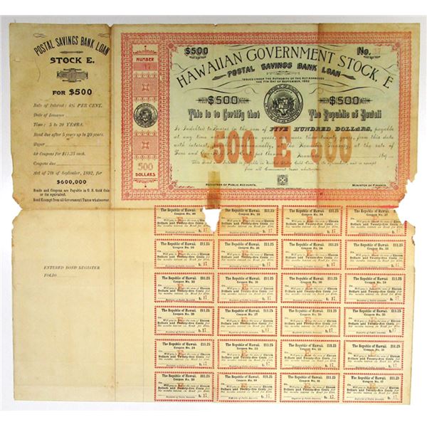 HI. Hawaiian Government Stock, E, Postal Savings Bank Loan, 189x (ca.1890s) Gold Coupon Bond Rarity.