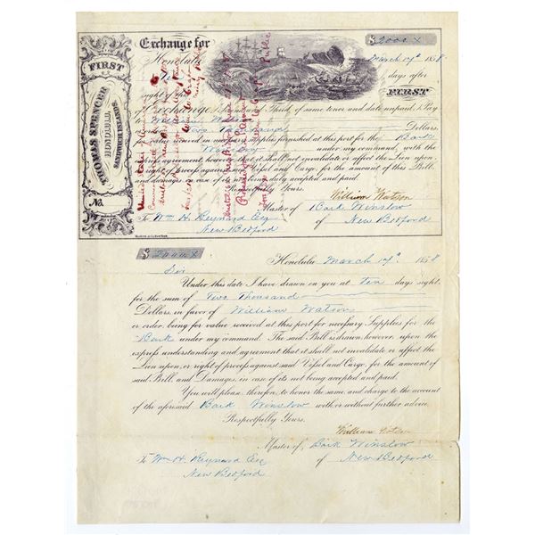 HI. Hawaii. Thomas Spencer, Honolulu, Sandwich Islands, 1858 Issued First Exchange with Dramatic Wha