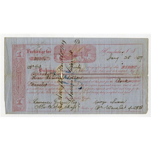 HI. Honolulu, Sandwich Islands (S.T.), R. Coady & CO., Whaling Vignette, 1859, I/C 1st of Exchange D