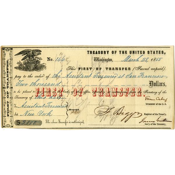 U.S., Treasury of the United States, 1855 Issued First of Transfer Signed by Samuel Casey