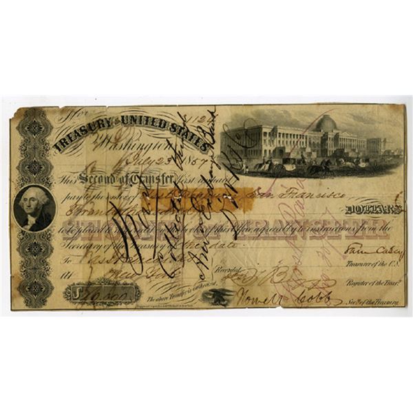 U.S., Treasury of the United States, 1857 Issued Second of Transfer Signed by Howell Cobb