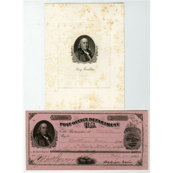 IL. U.S. Post Office Department, Chicago, Illinois, 1896 I/U Transfer Draft with Matching Proof Vign