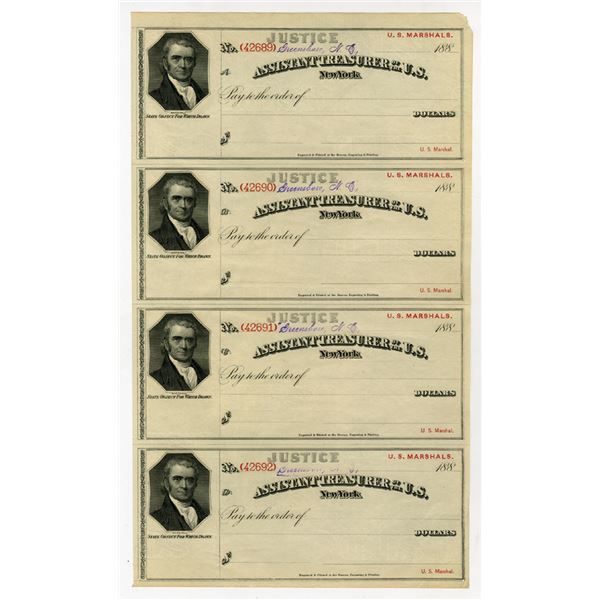 U.S., Assistant Treasurer of the U.S., New York - Justice - U.S. Marshals, 1880s Uncut Sheet of 4 Ch
