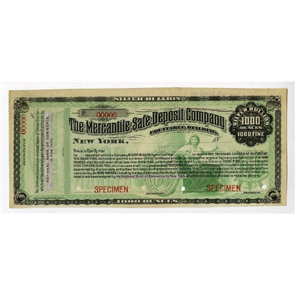 NY. Mercantile Safe Deposit Company, 18xx (ca.1880-1890s) Specimen 1000 Ounces Silver Bullion CD.