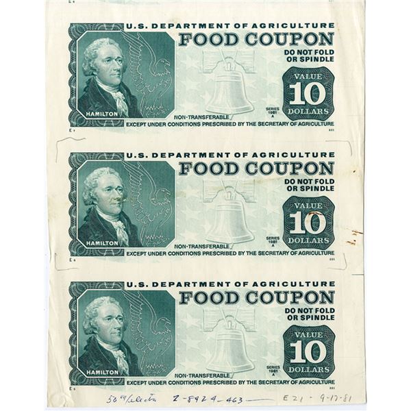 U.S. Department of Agriculture, 1981, Uncut Sheet of 3 Proof $10 Food Stamps