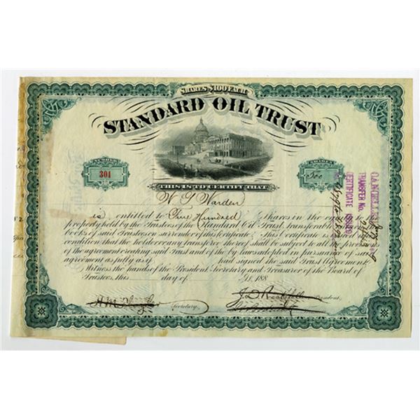 OH. Standard Oil Trust I/C Stock Certificate, 1882, Signed by J.D. Rockefeller, W.G. Warden and, H.M