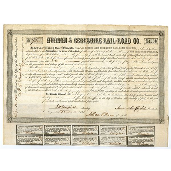 NY. Hudson & Berkshire Rail-Road Co., 1848 With President Millard Filmore Autograph.