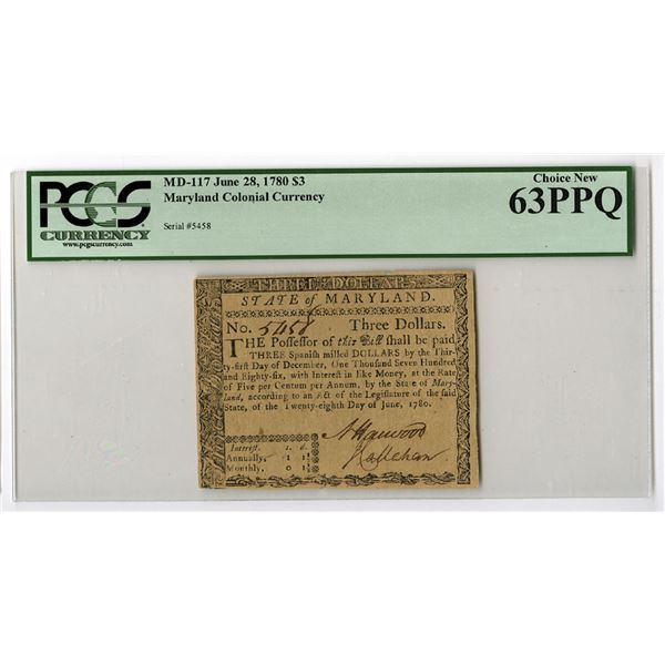 MD. Maryland State Colonial Currency, June 28, 1780 Second Issue, $3, MD-117, Issued Banknote.