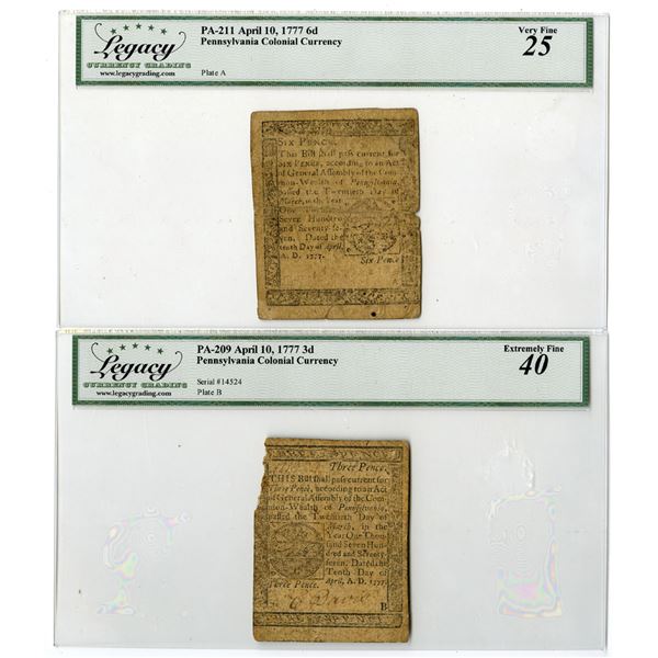 PA. Pennsylvania Commonwealth, April 10, 1777, 3 Pence (PA-211) and 6 Pence (PA-209), Issued Colonia