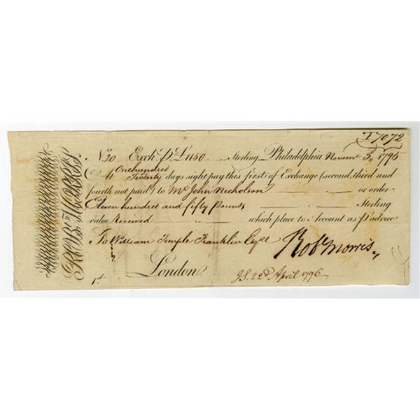 PA. Robert (Bob) Morris Signed First of Exchange Draft, dated November 3rd, 1795,.