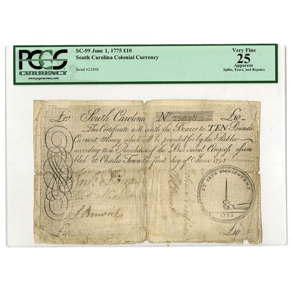 SC. Colonial Currency, June 1, 1775, 10 Pounds, SC-99, Issued Banknote.