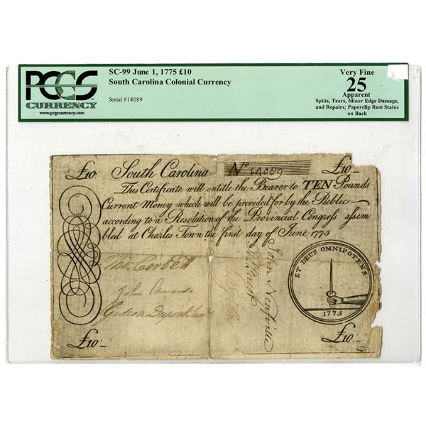 SC. Colonial Currency, June 1, 1775, 10 Pounds, SC-99, Issued Banknote.