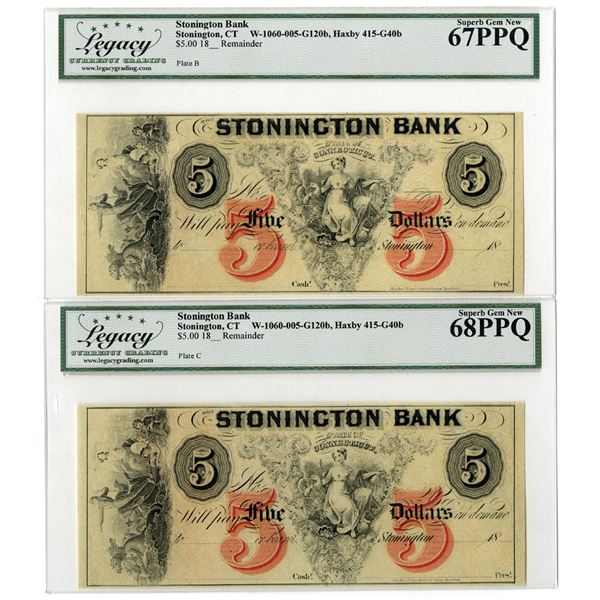 CT. Stonington Bank, ND (ca.1850s), Obsolete Banknote Remainder Pair, Includes a "Top Pop" Example..