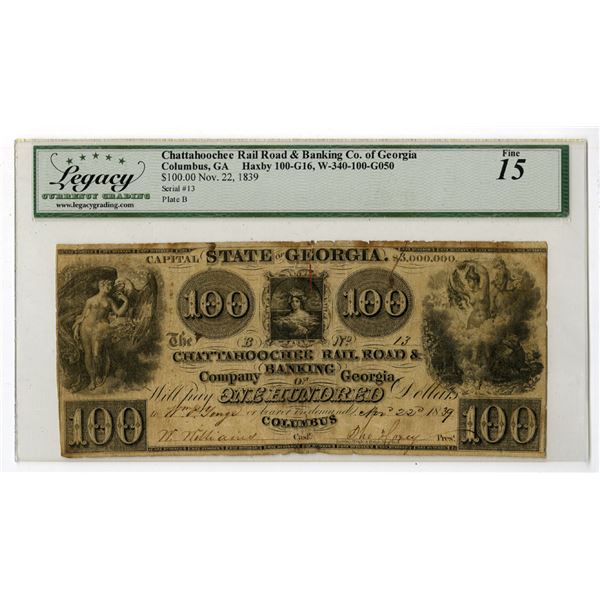 GA. Chattahoochee Railroad & Banking Co. of Georgia, November 22, 1839, Obsolete Banknote Rarity.