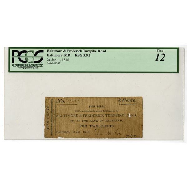 MD. Baltimore & Frederick Turnpike Road, January 1, 1816, Obsolete Banknote.