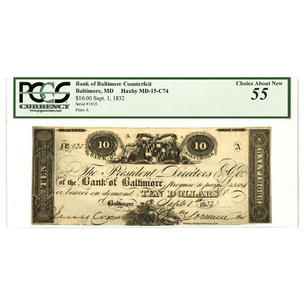 MD. Bank of Baltimore, September 1, 1832, I/U Contemporary Counterfeit Obsolete Banknote.