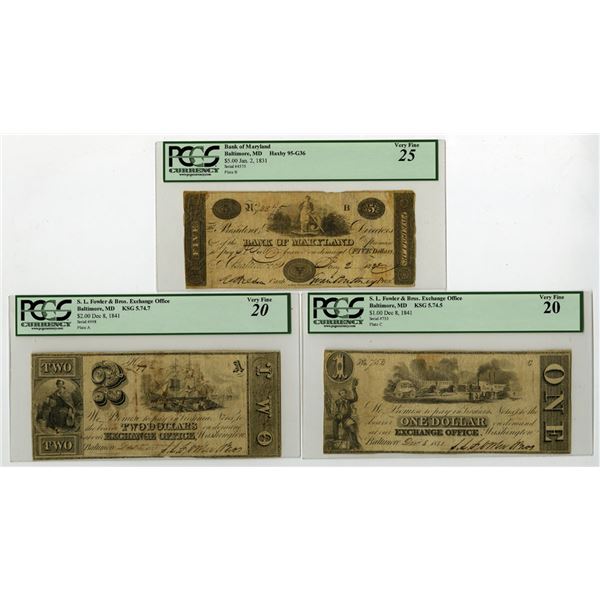 MD. Bank of Maryland and S.L. Fowler & Bros. Exchange Office, 1831 to 1941, Obsolete Banknote Trio.