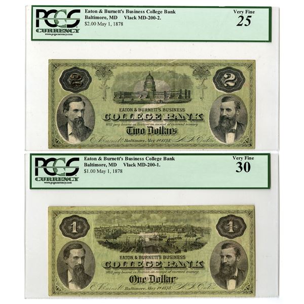 MD. Eaton & Burnett's Business College Bank, May 1, 1878,  College Currency Banknote Pair.